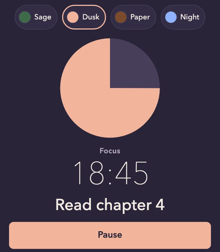 The aesthetic pomodoro timer in the Dusk theme, running with a task on screen