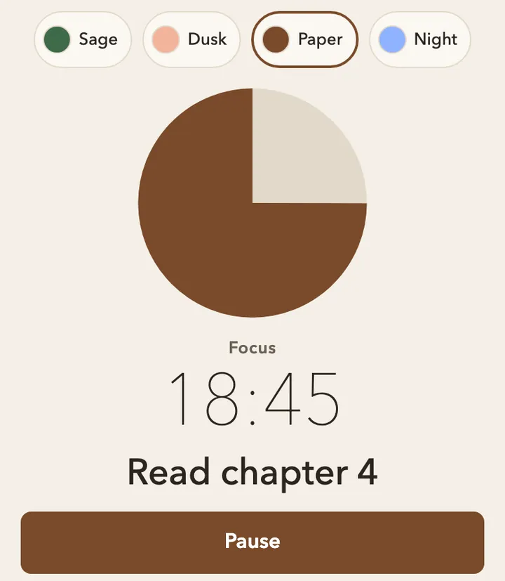 The aesthetic pomodoro timer in the Paper theme, running with a task on screen